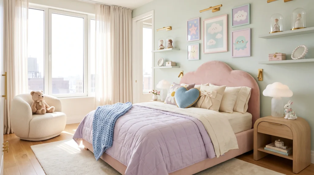 Adorable cutecore-style bedroom featuring pastel pink hues, plush kawaii plushies, whimsical fairy lights, and cozy retro-inspired decor.