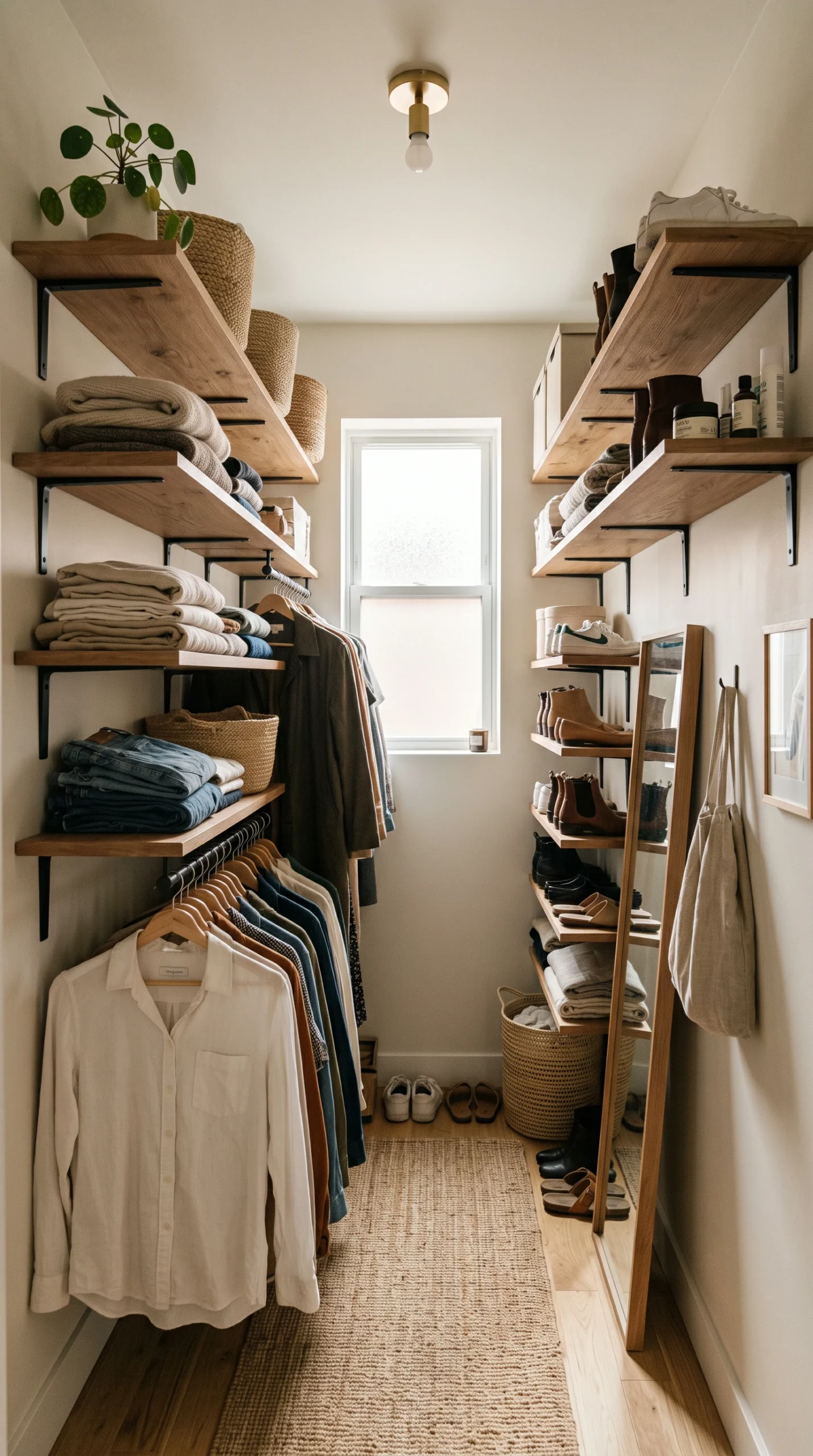 Small walk-in closet featuring raw timber floating shelves on dark metal brackets, filled with neatly organized folded clothes, baskets, and shoes.