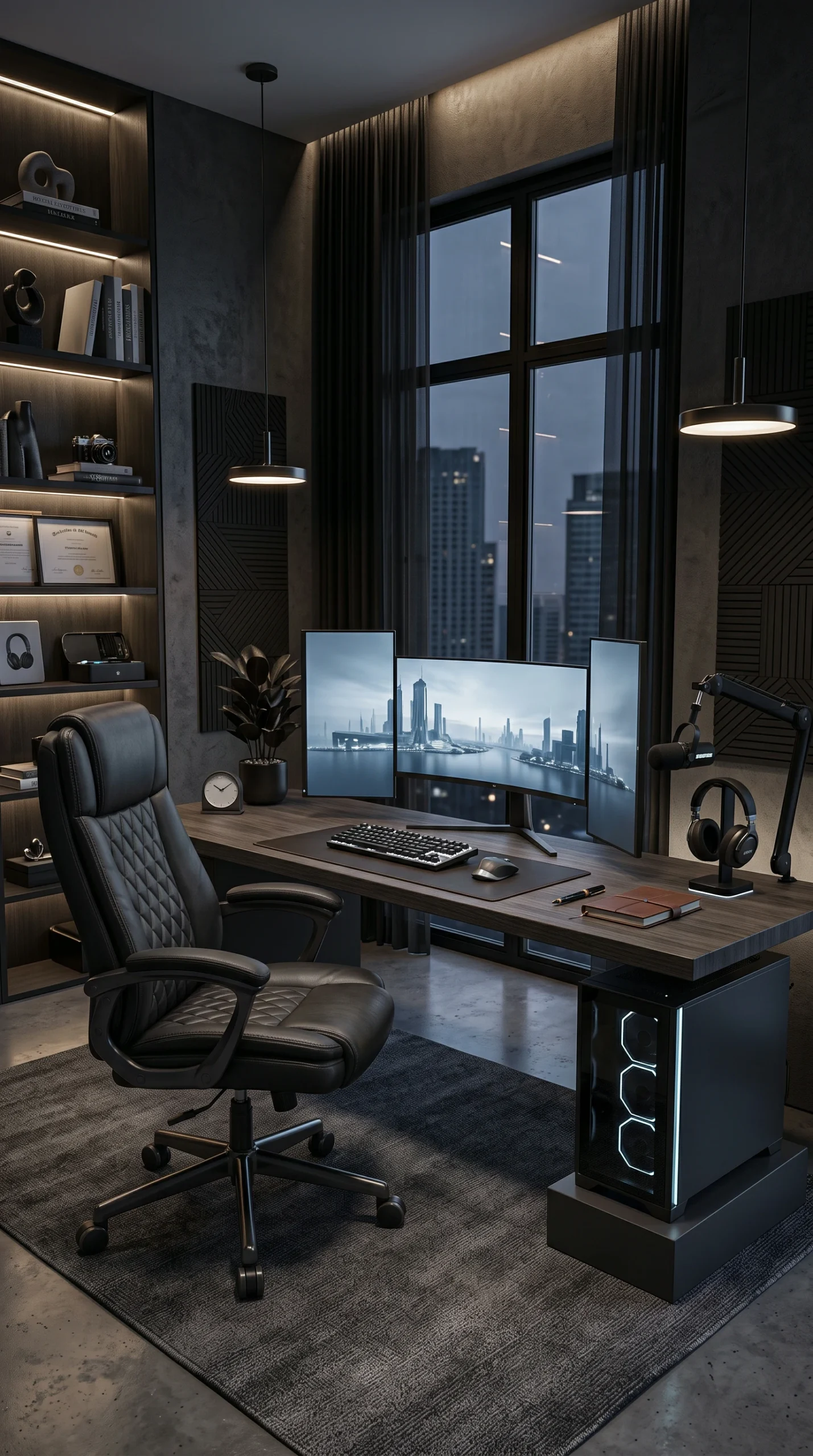 A modern, dark-themed home office with a plush black leather chair, a wood grain desk, and a triple monitor setup by a large window.