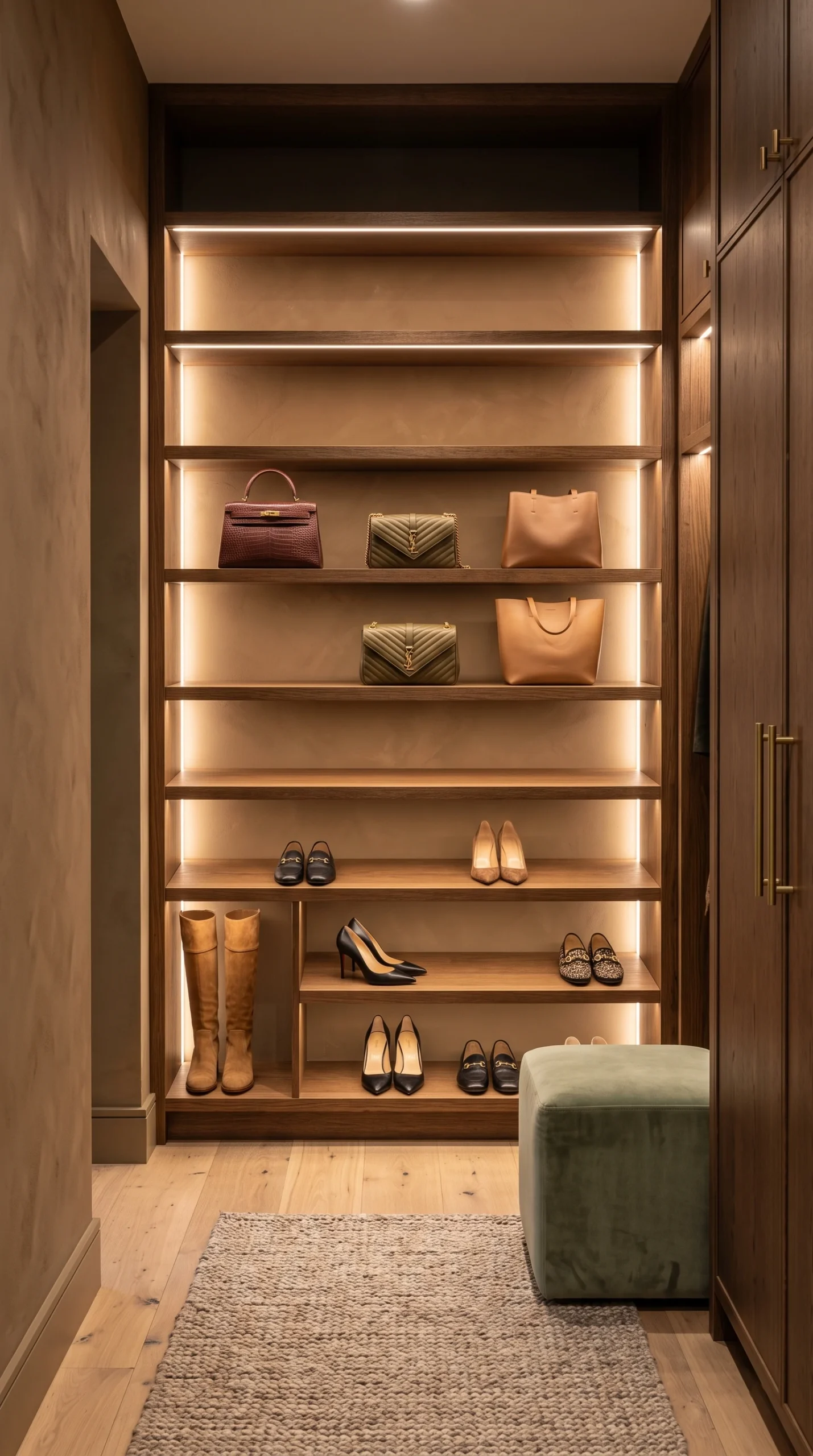 Backlit open wooden shelving displaying designer shoes and handbags against warm clay painted walls in a luxury closet.