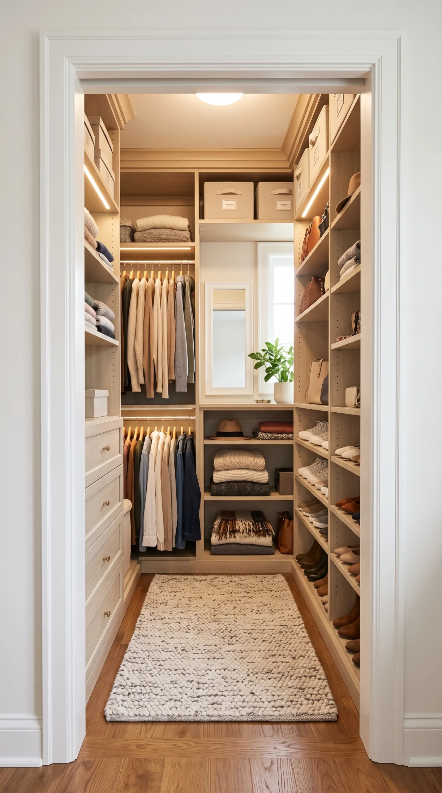 Small walk-in closet with no door, white entryway, beige built-in shelves, and a plush rug.