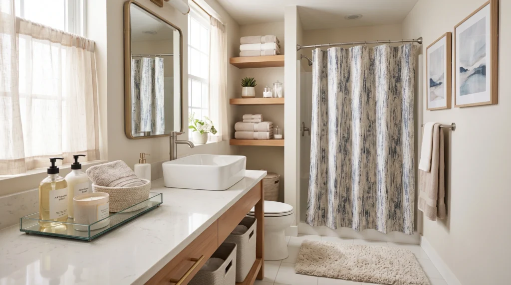 Functional dorm bathroom decor featuring portable shower caddies, quick-dry plush towels, waterproof organizers, and smart shared-space essentials.