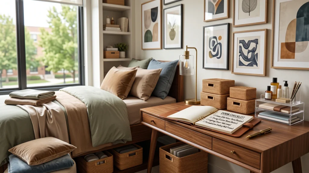 Comprehensive dorm checklist featuring essential packing categories, smart space-saving solutions, must-have college supplies, and practical organization essentials.