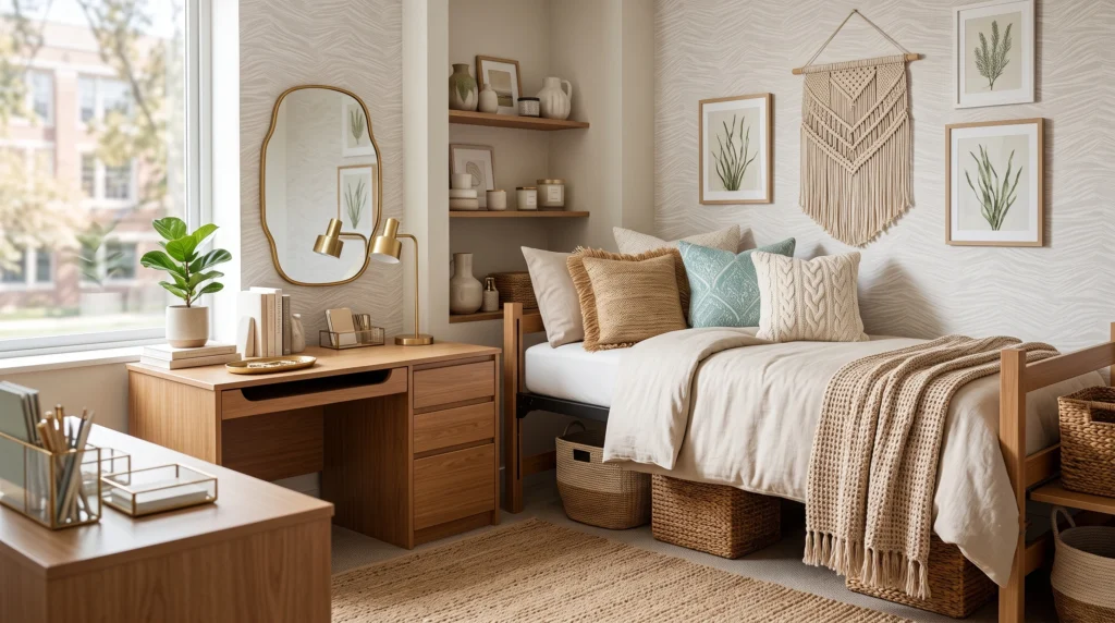Cohesive dorm room theme featuring coordinated color palettes, matching bedding sets, curated aesthetic accents, and stylish cohesive decor.