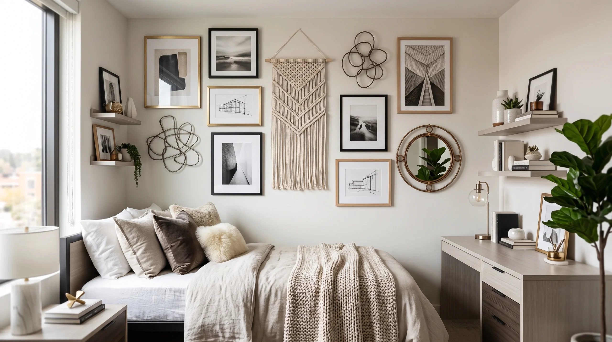 Vibrant dorm room wall decor featuring removable peel-and-stick wallpaper, stylish photo grids, aesthetic posters, and damage-free hanging solutions.