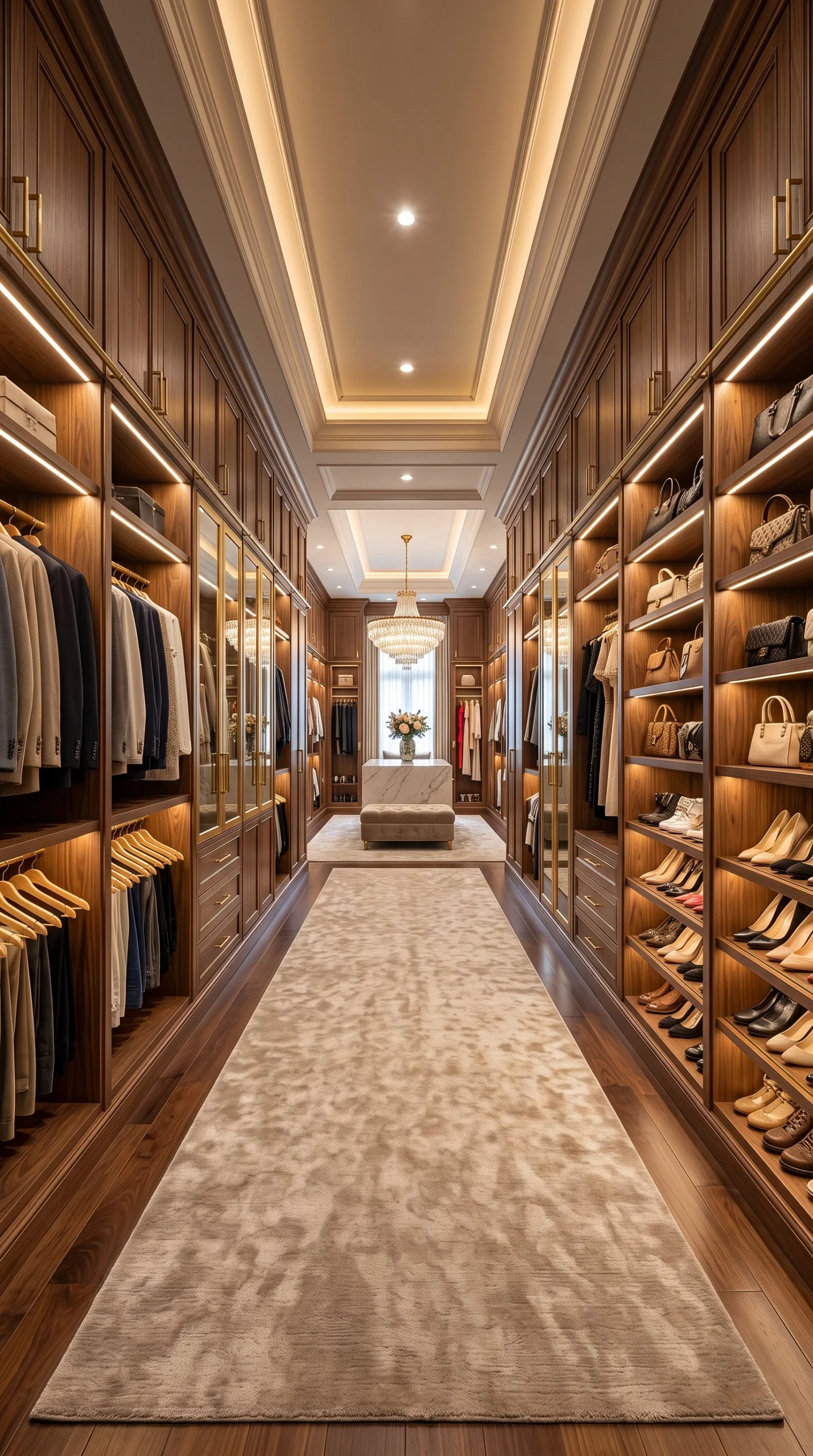 View down the aisle of a massive luxury dream closet featuring glowing walnut cabinetry, LED lighting, and a long taupe rug.