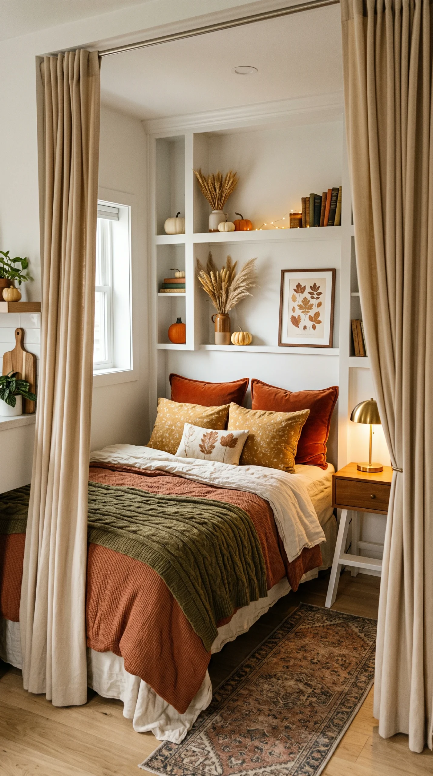 A high-angle view of a cozy apartment bedroom, filled with fall decor, string lights, and a person reading in bed.