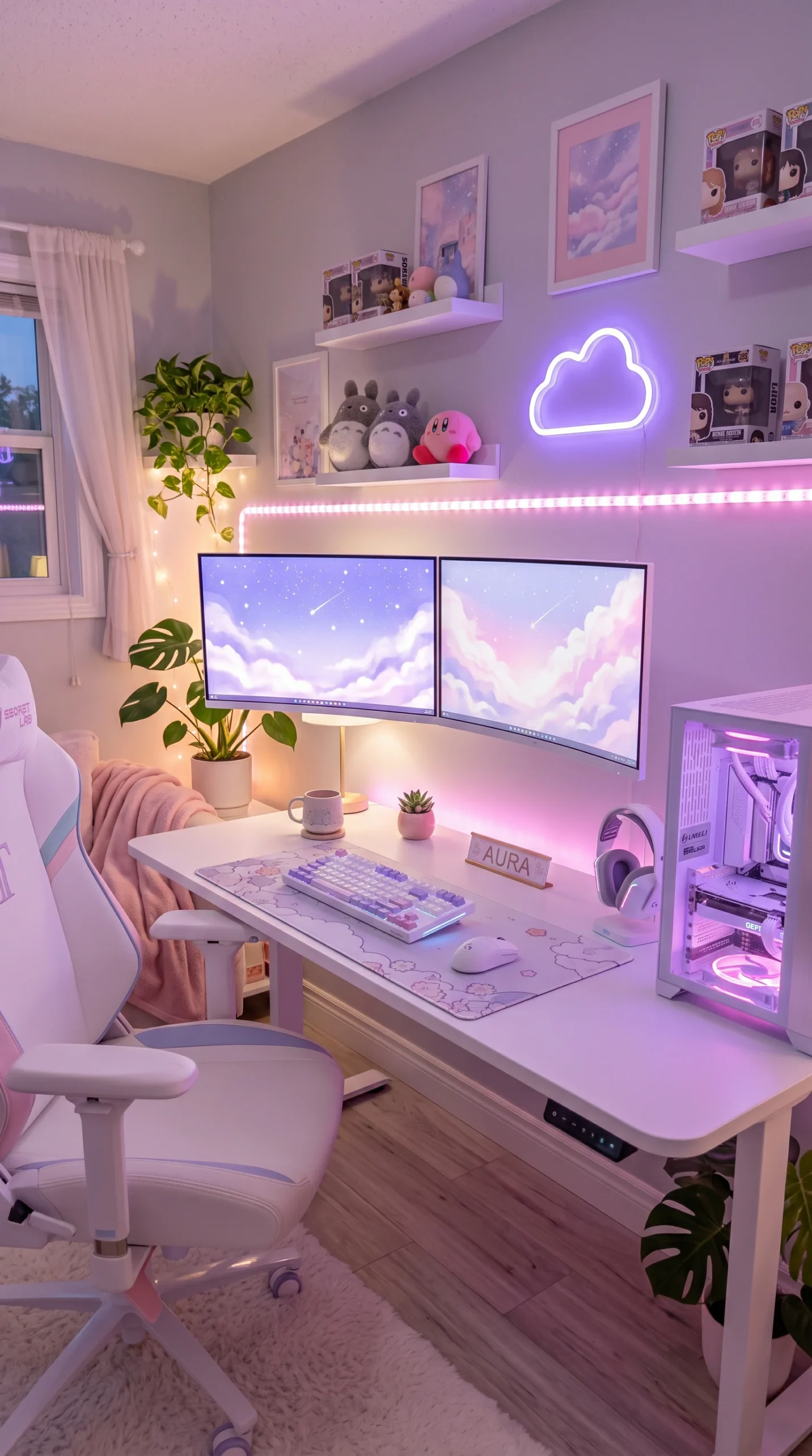 A clean white desk with dual monitors mounted on floating arms, illuminated by soft pastel pink and lavender ambient lighting.
