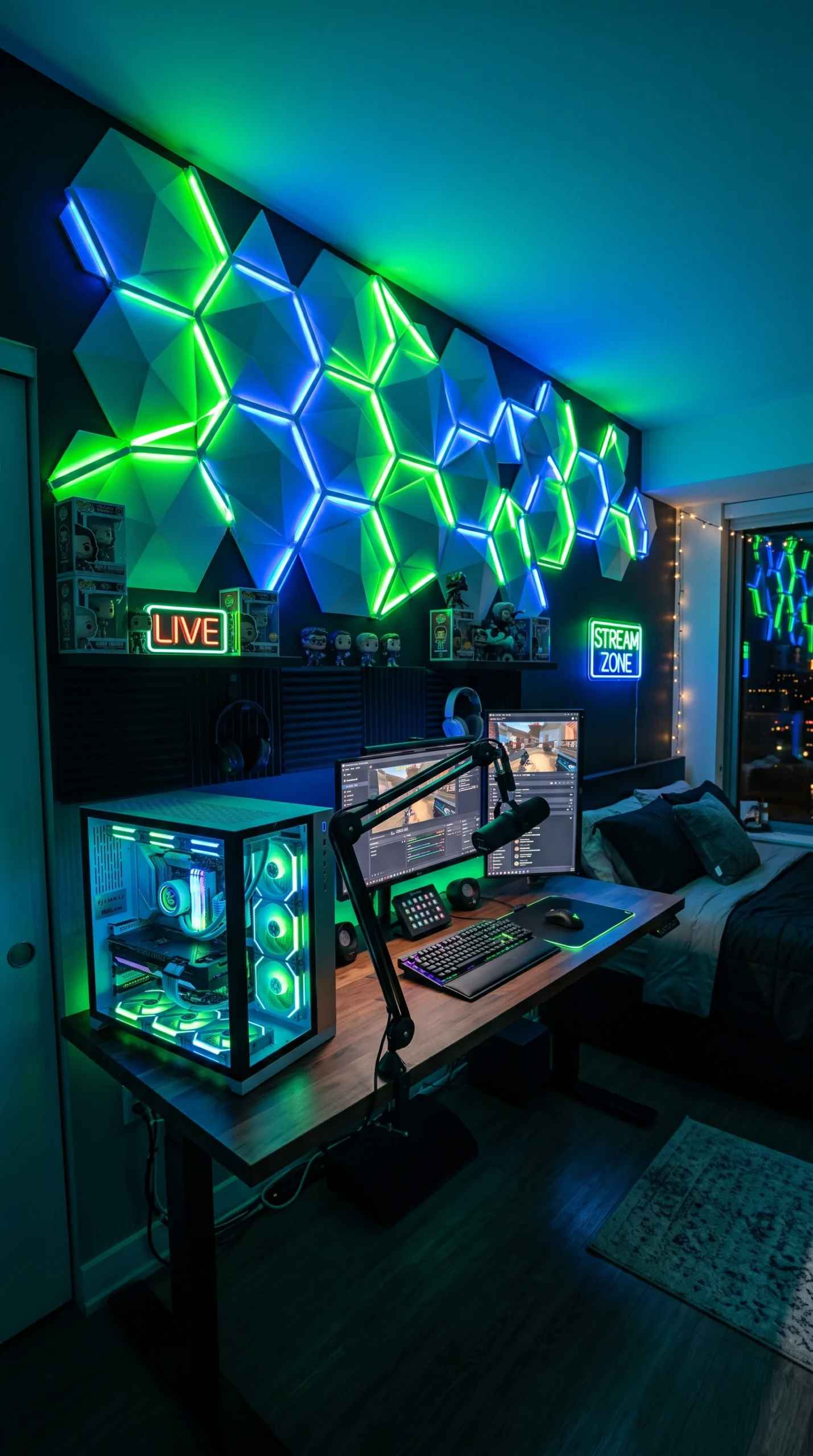 Streamer bedroom setup featuring a glass-paneled gaming PC on a desk with geometric RGB wall panels glowing in toxic green and deep azure.