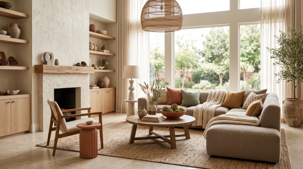 Organic earthy living room featuring rich terracotta tones, textured jute rugs, breathable linen upholstery, and raw wood accents.