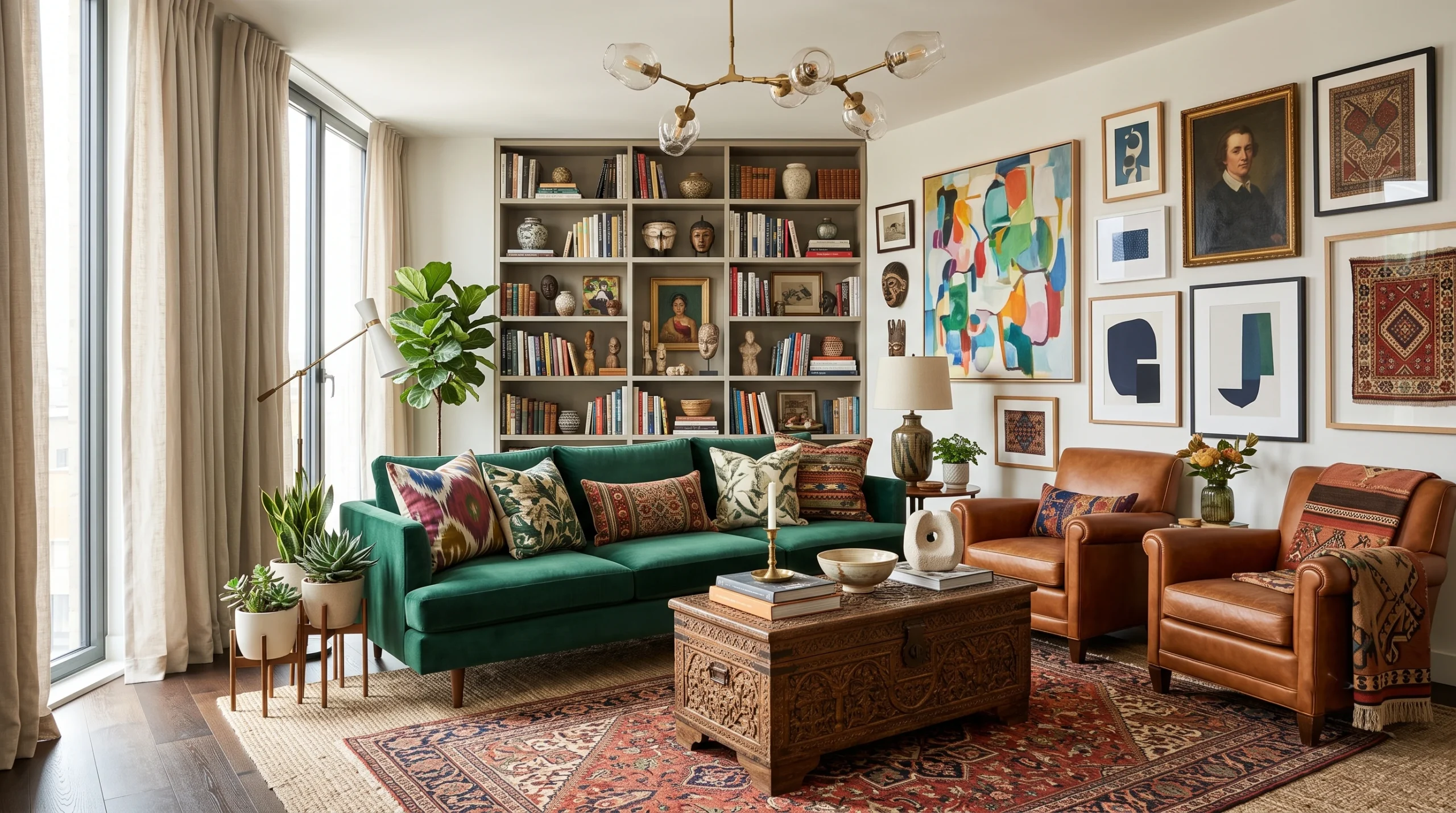 Vibrant eclectic interior design featuring mixed pattern textiles, curated vintage collectibles, bold gallery walls, and eclectic global accents.