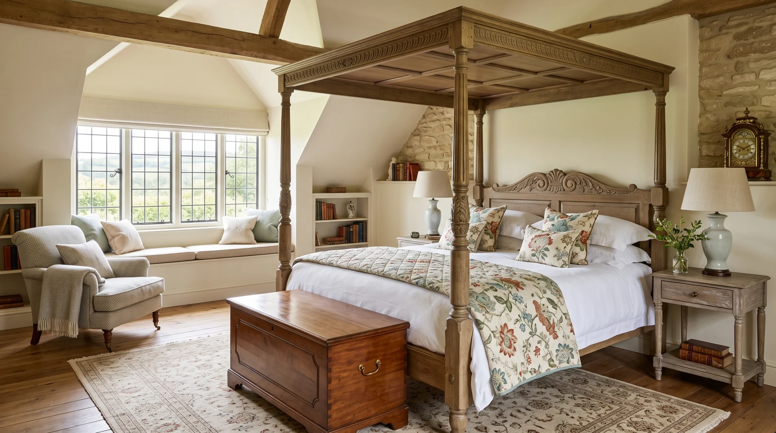 Charming English cottage bedroom featuring exposed timber beams, cozy vintage furnishings, classic floral patterns, and warm rustic character.