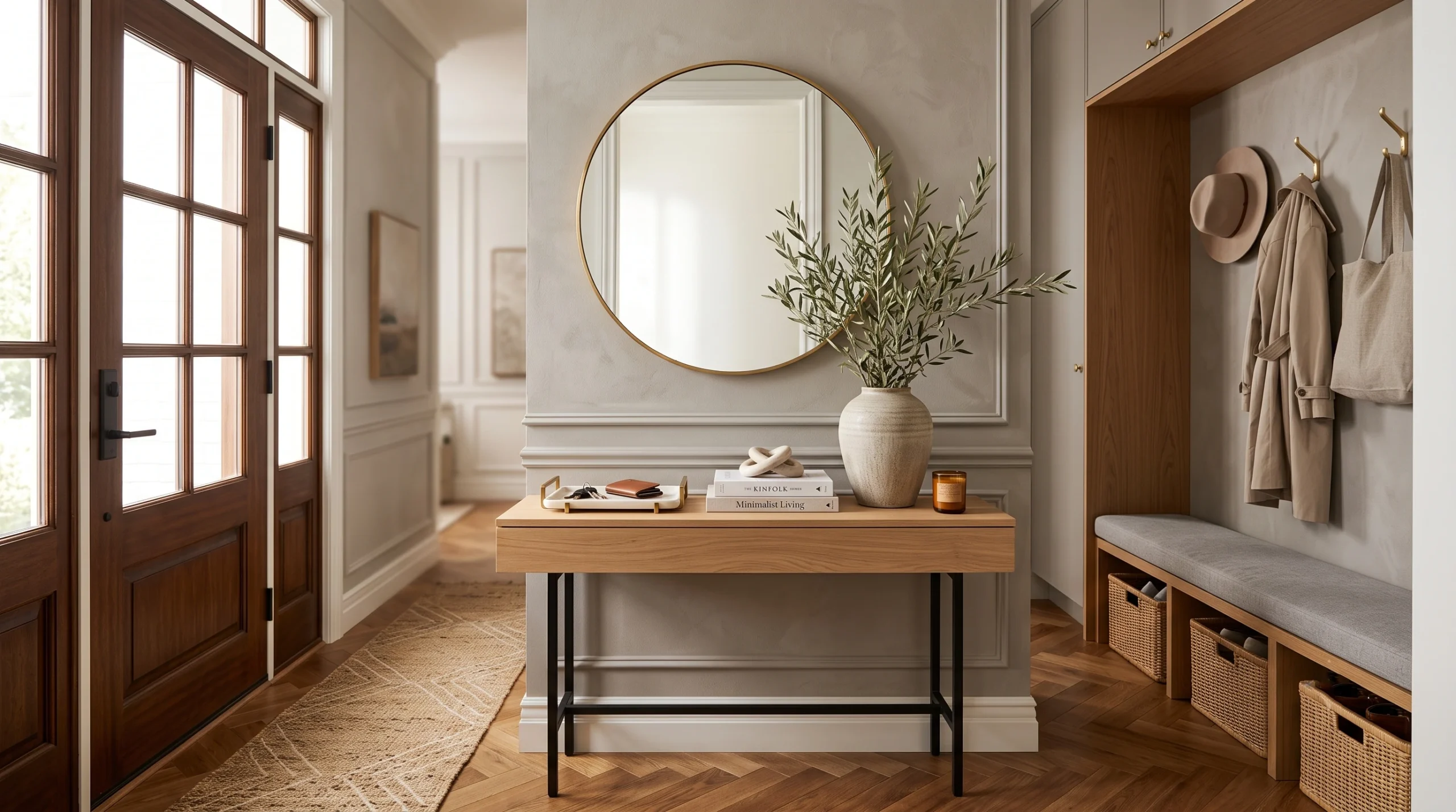 Welcoming entryway display featuring functional console tables, stylish wall mirrors, smart shoe storage solutions, and inviting ambient lighting.