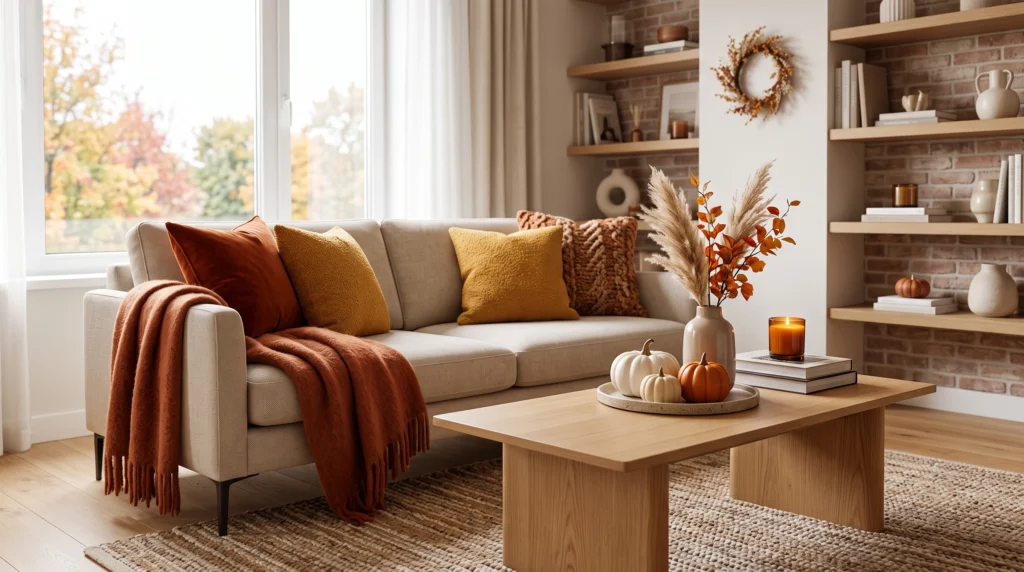 Cozy fall apartment decor featuring compact space-saving autumn accents, warm amber throw pillows, chunky knit blankets, and layered seasonal textiles.