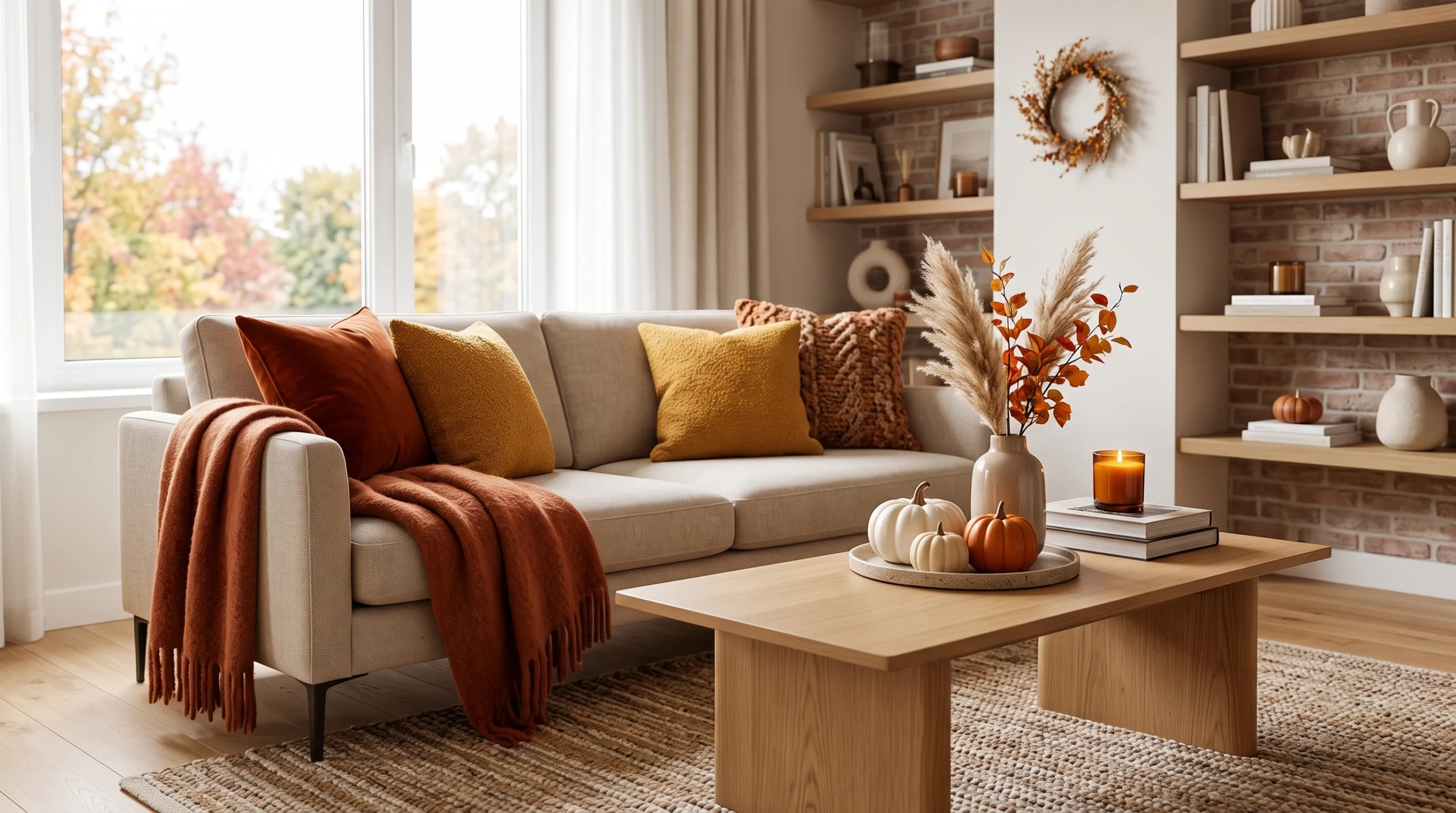Cozy fall apartment decor featuring compact space-saving autumn accents, warm amber throw pillows, chunky knit blankets, and layered seasonal textiles.