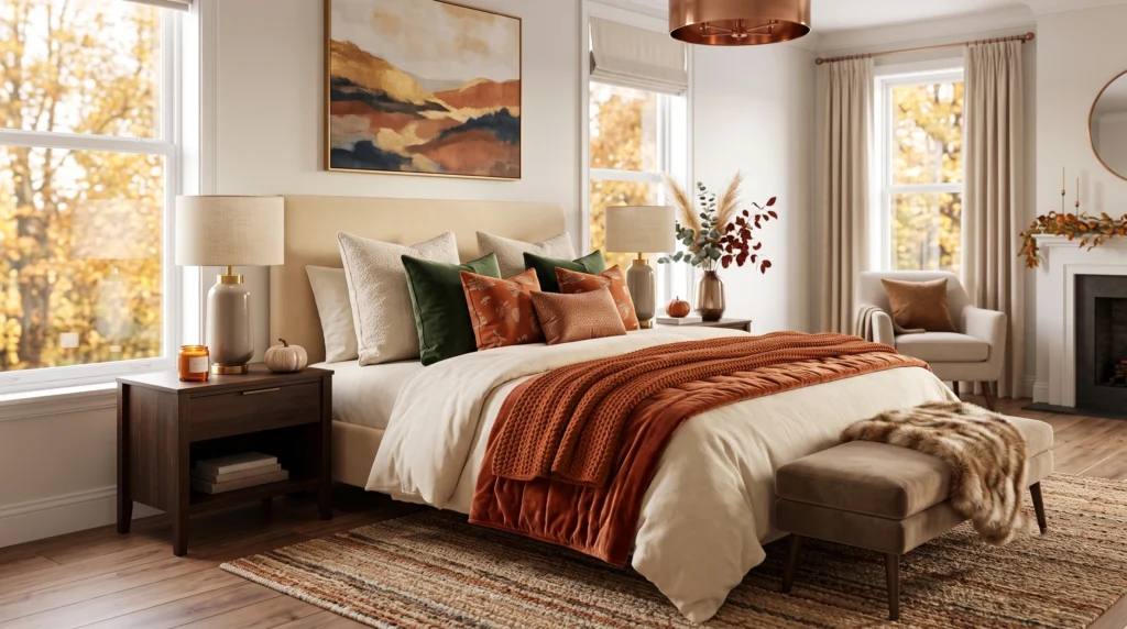 Cozy fall bedroom decor featuring warm amber throw pillows, chunky knit bedding, dried botanical arrangements, and soft ambient fairy lights.