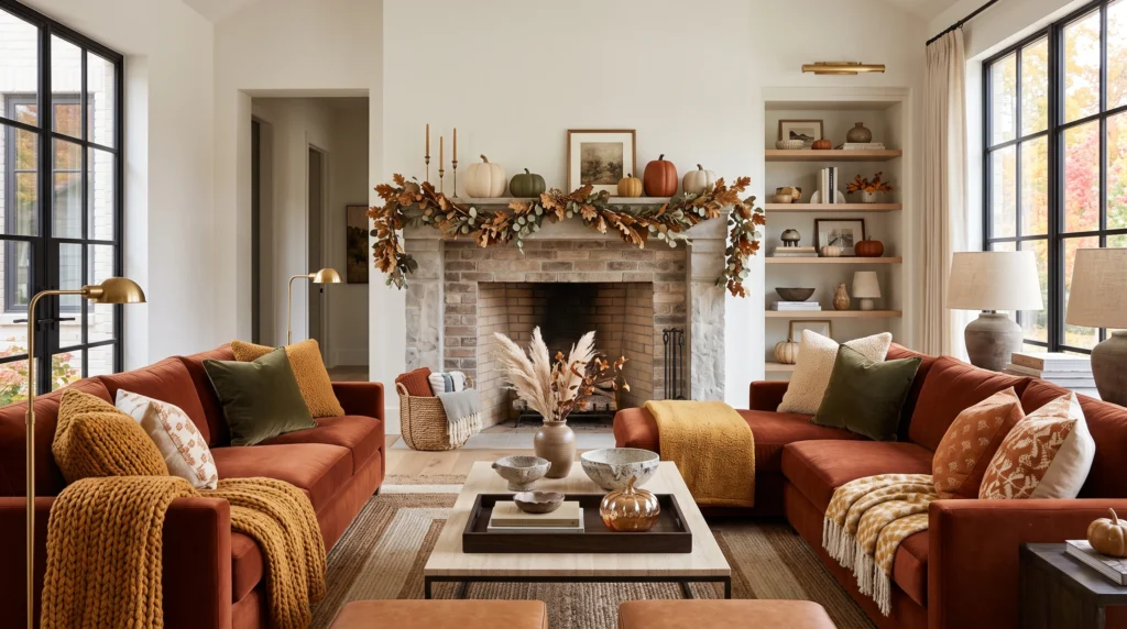 Cozy fall living room decor featuring rich amber throw pillows, chunky knit blankets, dried pampas grass arrangements, and warm ambient lighting.