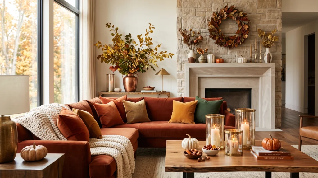 Cozy fall room decor featuring warm amber throw pillows, chunky knit blankets, dried pampas grass arrangements, and flickering pillar candles.