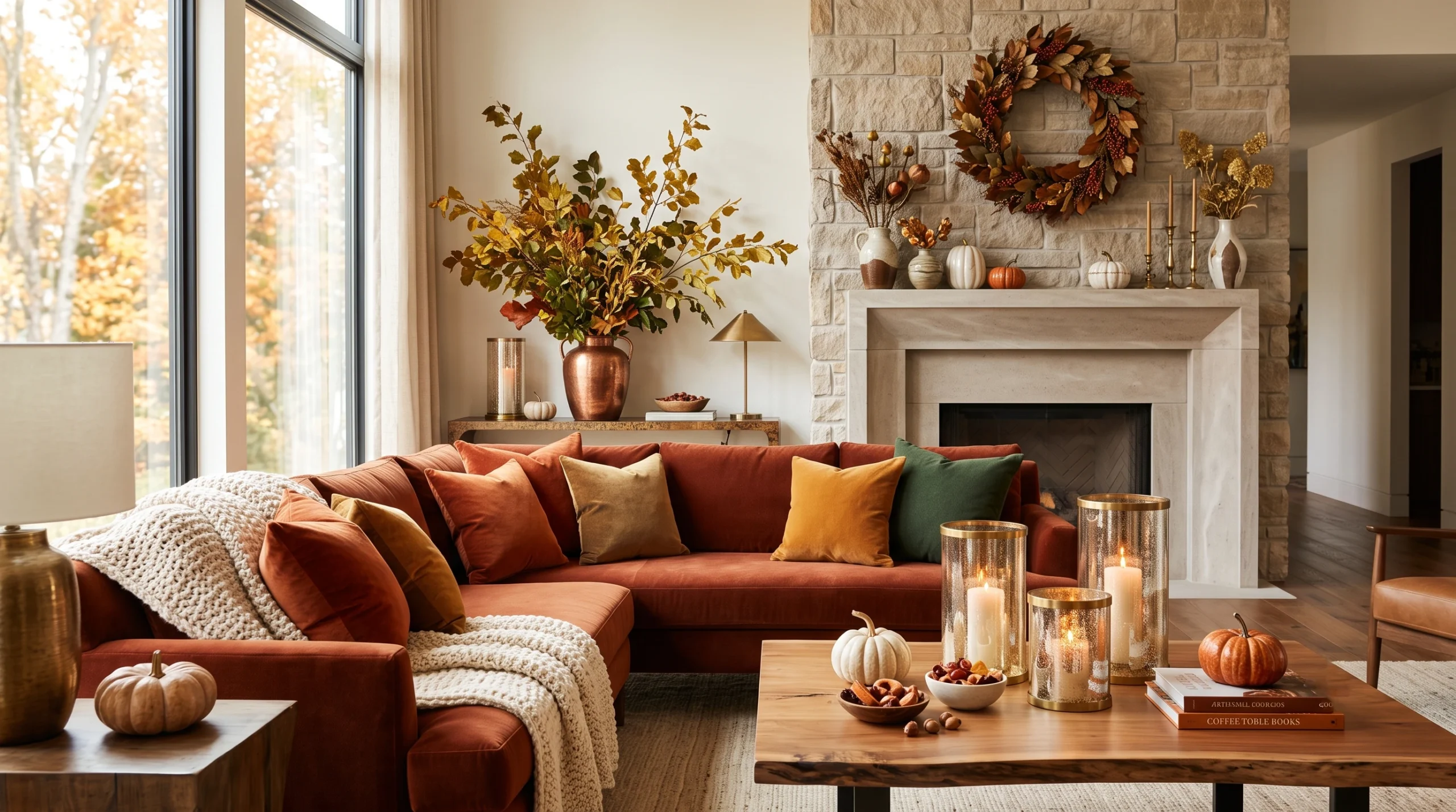 Cozy fall room decor featuring warm amber throw pillows, chunky knit blankets, dried pampas grass arrangements, and flickering pillar candles.