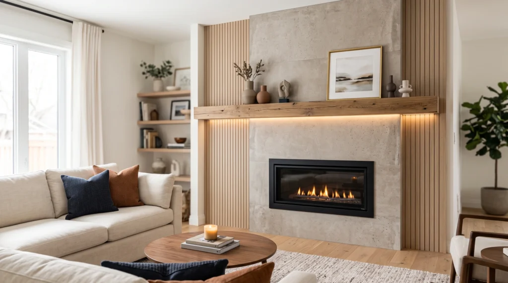 Stunning fireplace makeover featuring a modern plaster finish, classic herringbone brick hearth, rustic reclaimed wood mantel, and sleek minimalist iron screen.