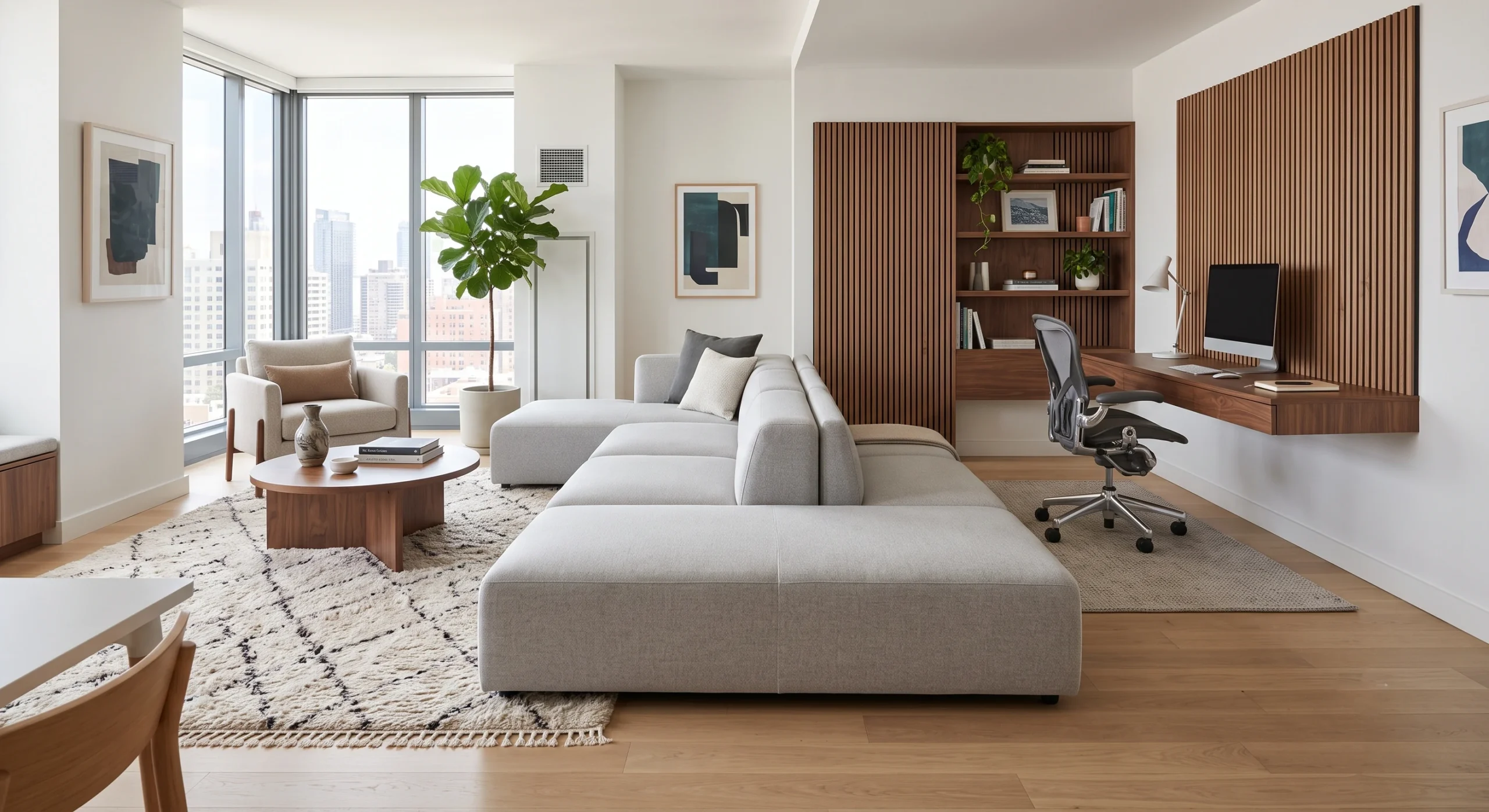 Open-concept apartment with a modular sofa dividing a cozy living area from a home office with a floating walnut desk.