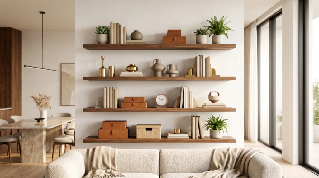 Sleek floating shelves featuring concealed metal mounting brackets, solid natural wood surfaces, curated decorative objects, and neatly stacked books.
