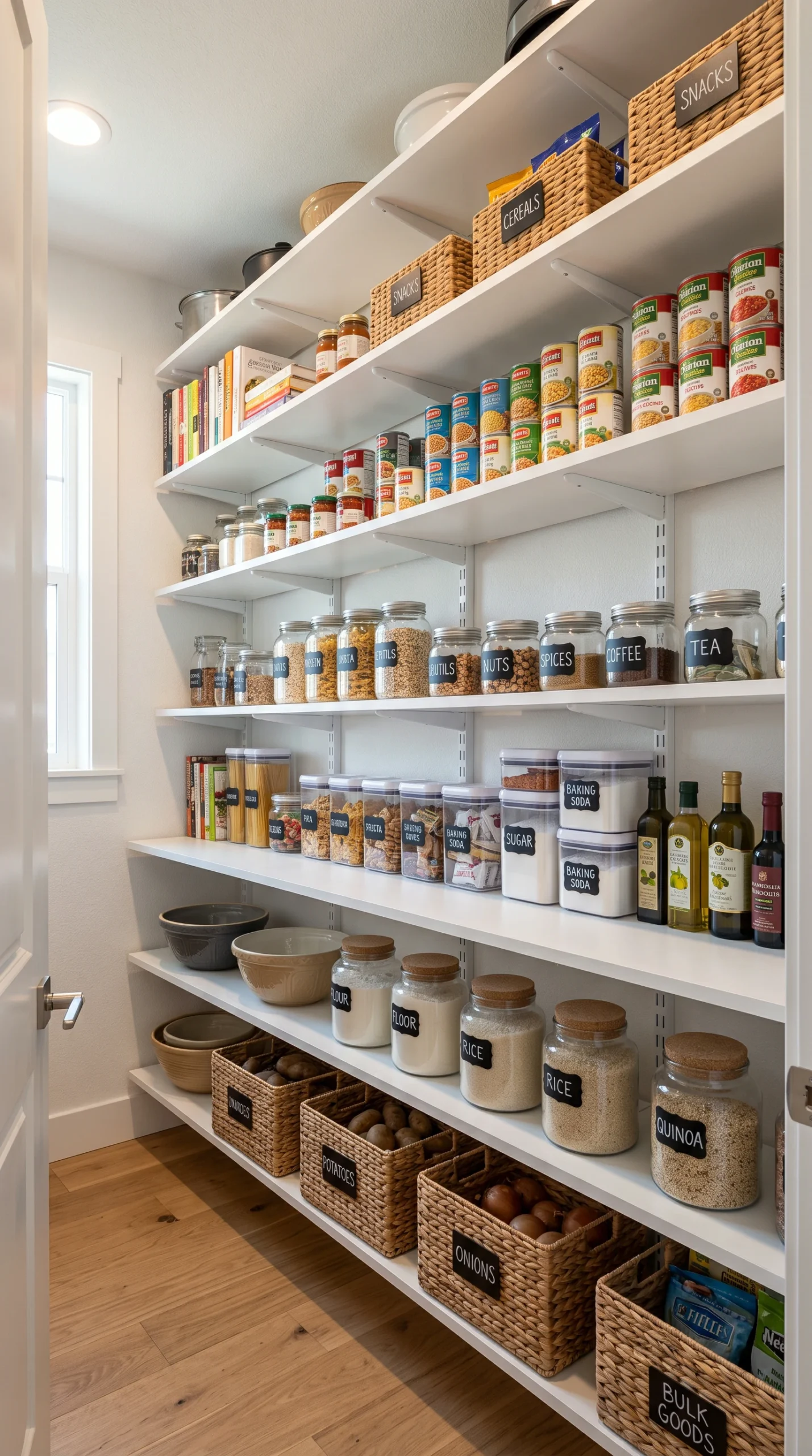 Wide shot of a pantry with white adjustable shelves on wall tracks, filled with neatly organized dry goods.
