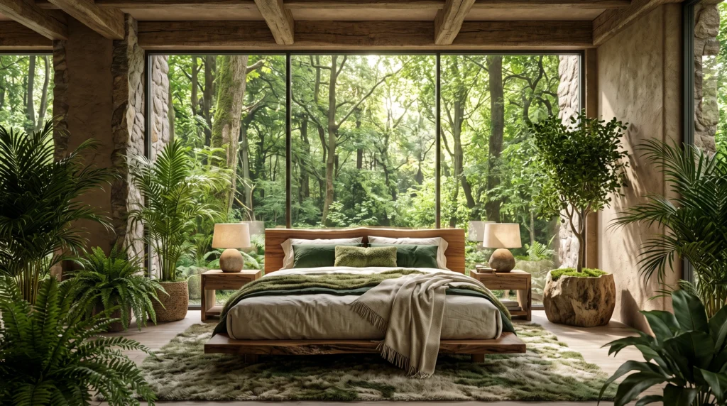 Enchanting forest-themed bedroom featuring rich botanical elements, deep green hues, organic wood textures, and soft natural lighting.