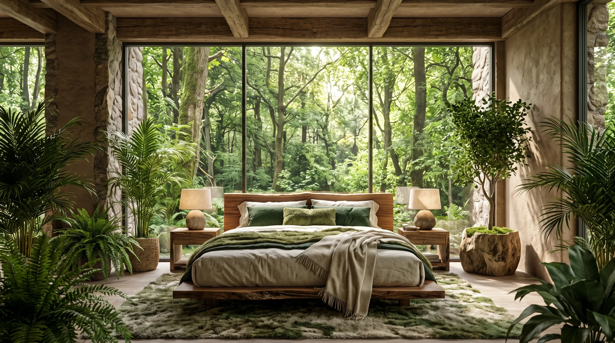 Enchanting forest-themed bedroom featuring rich botanical elements, deep green hues, organic wood textures, and soft natural lighting.