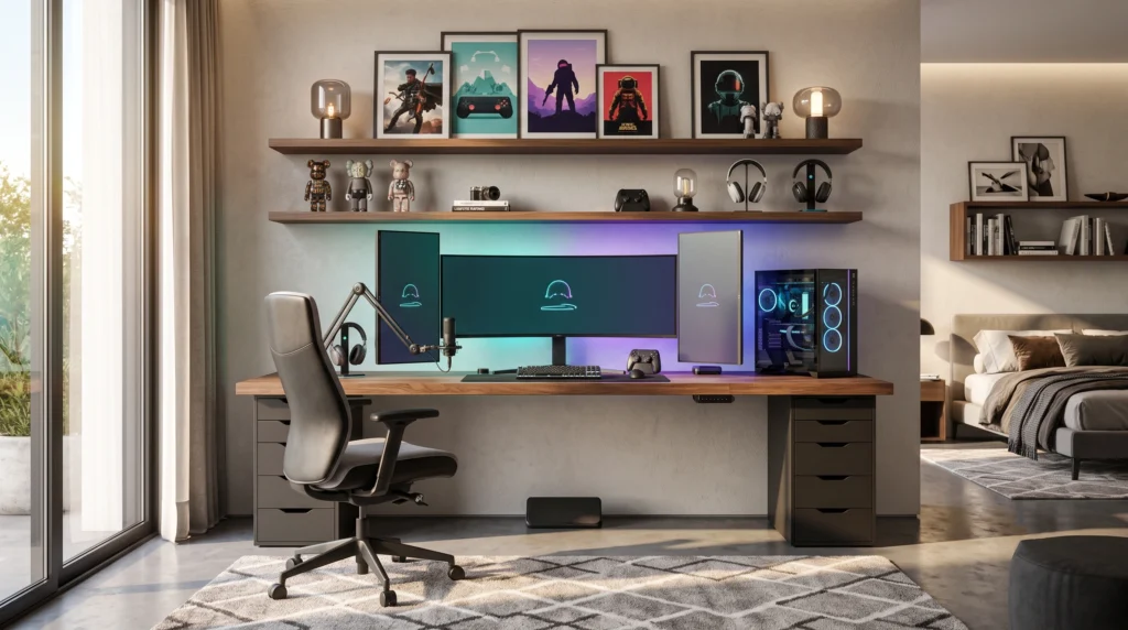 Playful kids gaming room featuring vibrant LED accent lighting, child-safe ergonomic seating, organized game storage solutions, and engaging interactive displays.