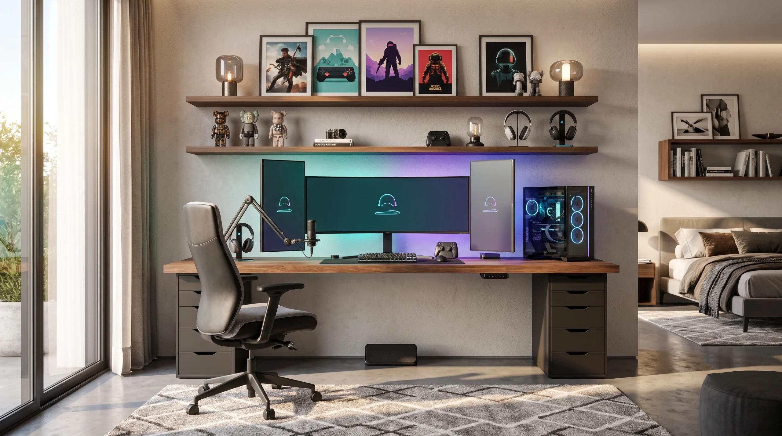 Playful kids gaming room featuring vibrant LED accent lighting, child-safe ergonomic seating, organized game storage solutions, and engaging interactive displays.