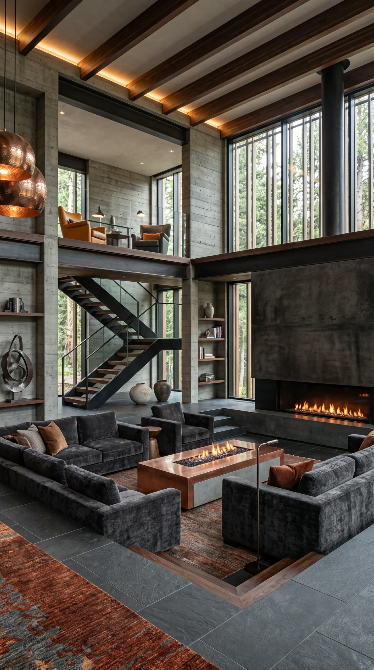 Architectural shot of a grand open-concept space blending the Monolith & Ember Palette, with raw structural elements and high-end comfortable interior design.