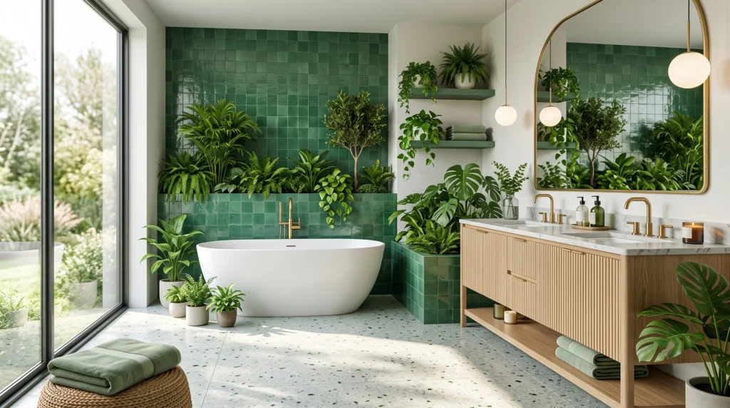 Luxurious modern bathroom featuring deep olive green walls, rich natural brass fixtures, organic textures, and bright natural light.