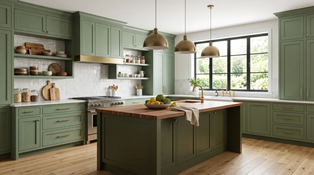 Stunning green kitchen cabinets featuring rich sage or emerald tones, elegant brass hardware, classic shaker-style doors, and warm natural wood countertops.