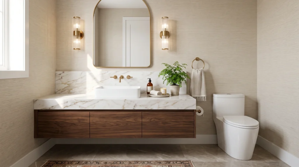 Luxurious modern half bath featuring striking architectural details, designer wallpaper, chic fixtures, and ambient mood lighting.