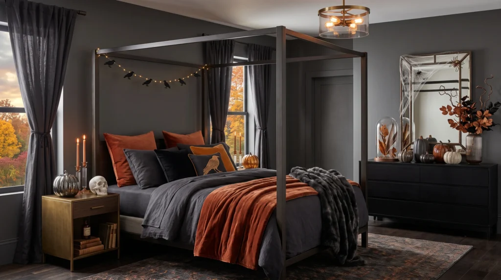 Enchanting Halloween bedroom featuring eerie glowing fairy lights, plush velvet gothic bedding, hanging faux bats, and spooky skull accent pillows.