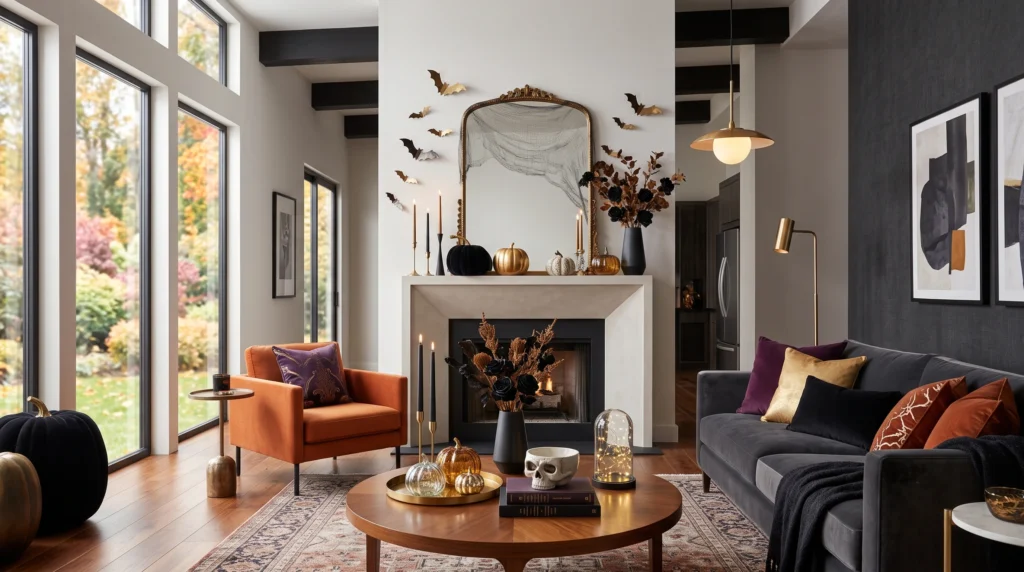 Enchanting Halloween room decor featuring floating witch hats, glowing jack-o'-lanterns, spooky spiderweb wall accents, and eerie velvet throw pillows.