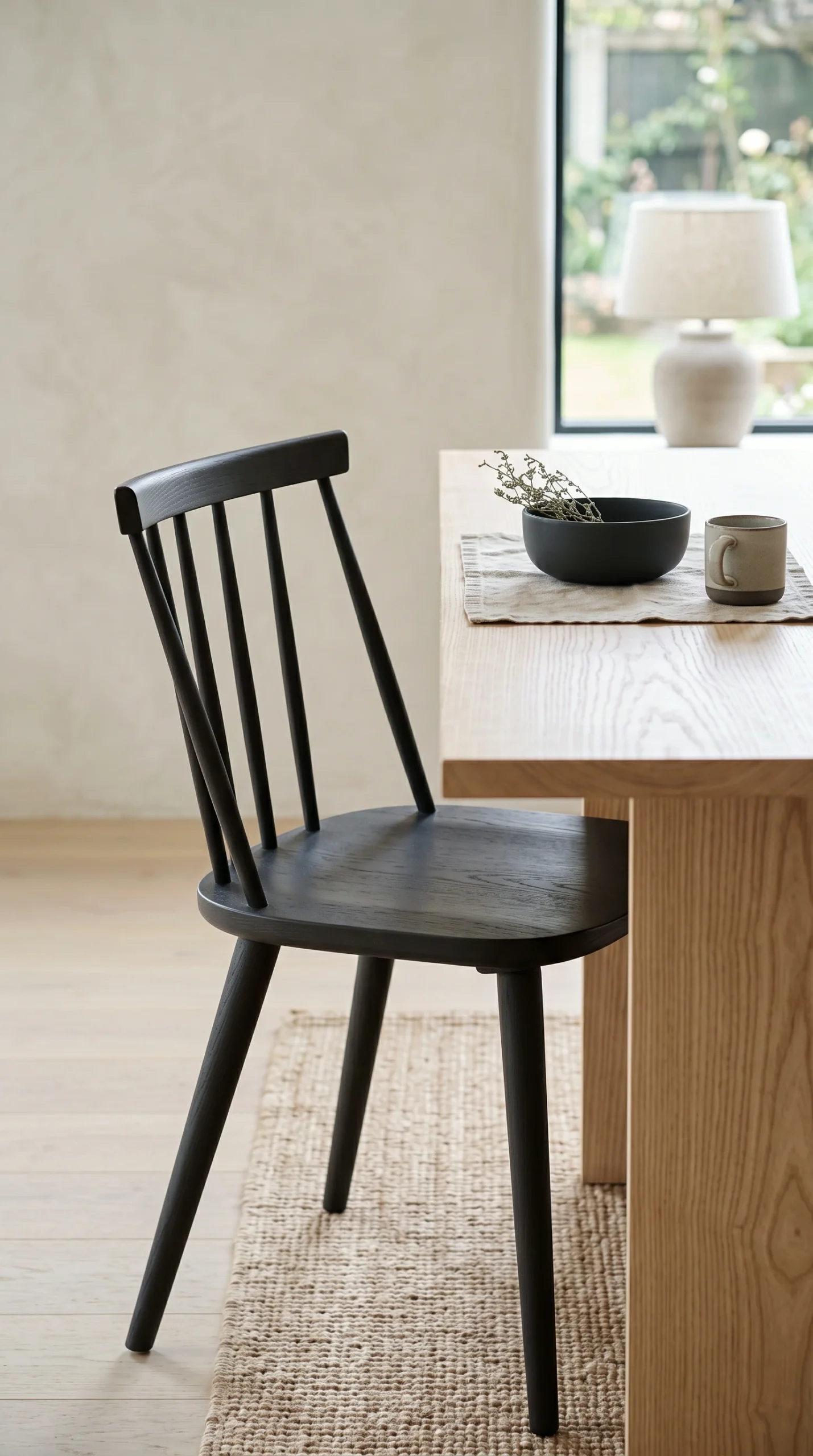 Close-up of a dark charcoal wooden dining chair next to a light ash wood table in a Japandi style setting.