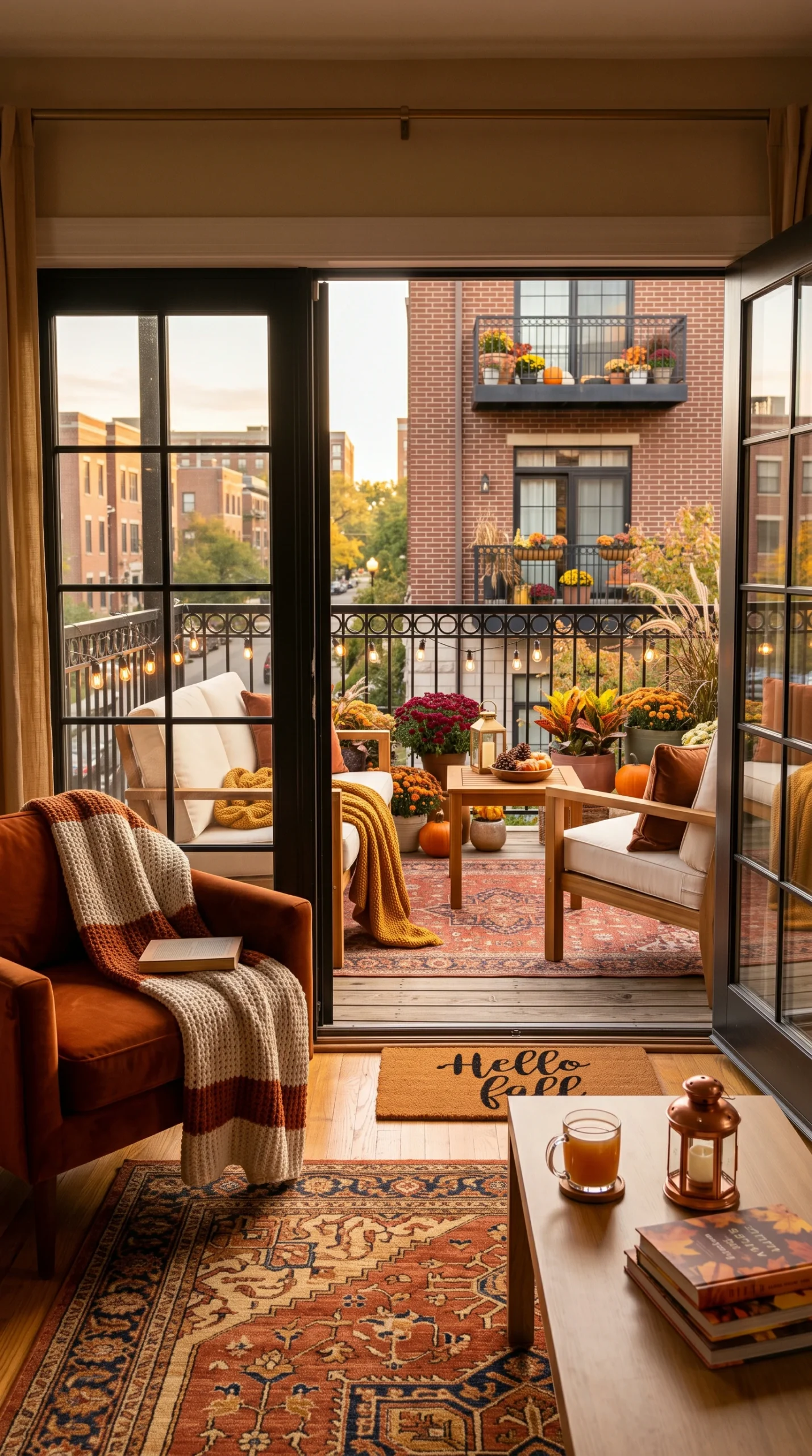 Architectural view from inside a cozy apartment living room looking out onto a beautifully styled fall balcony.