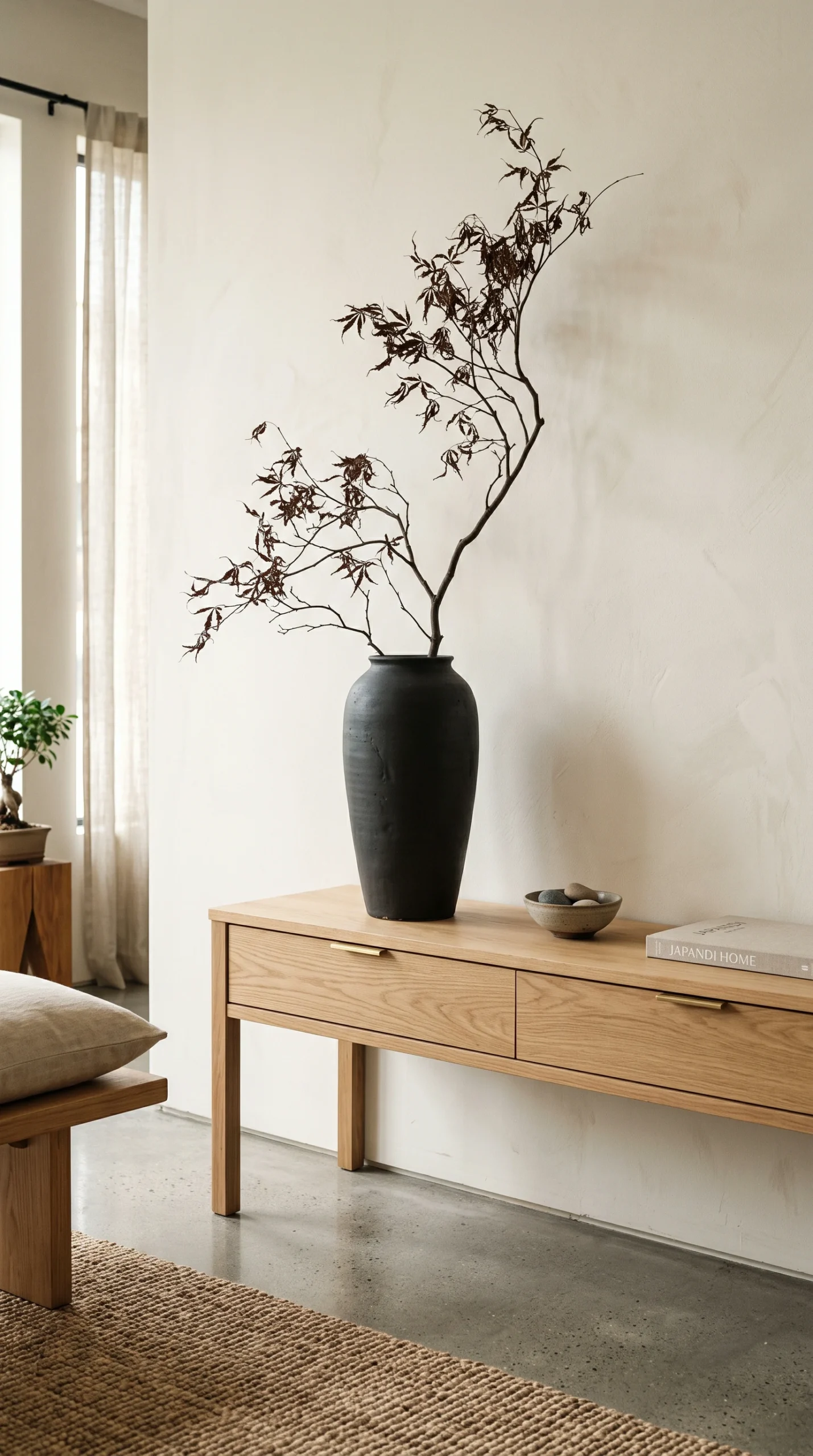 A minimalist light oak console table against a textured off-white wall, featuring a large black rustic vase holding a single dried branch.