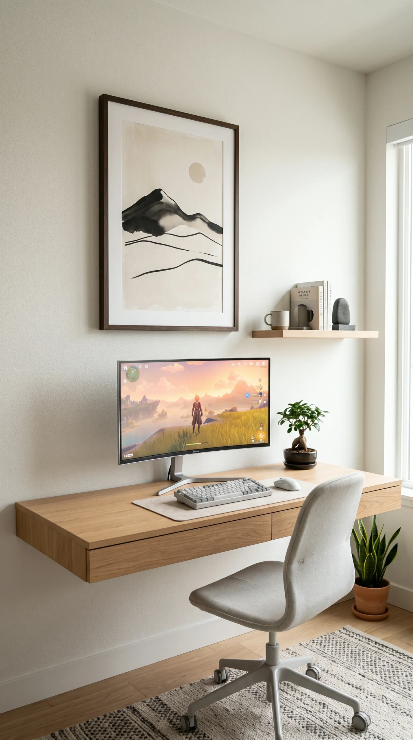 A pristine gaming desk against an off-white wall with minimalist framed art, showcasing Japandi interior design principles.