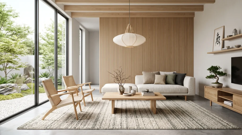 Harmonious Japandi interior design featuring clean minimalist lines, warm natural wood tones, serene neutral palettes, and functional wabi-sabi aesthetics.