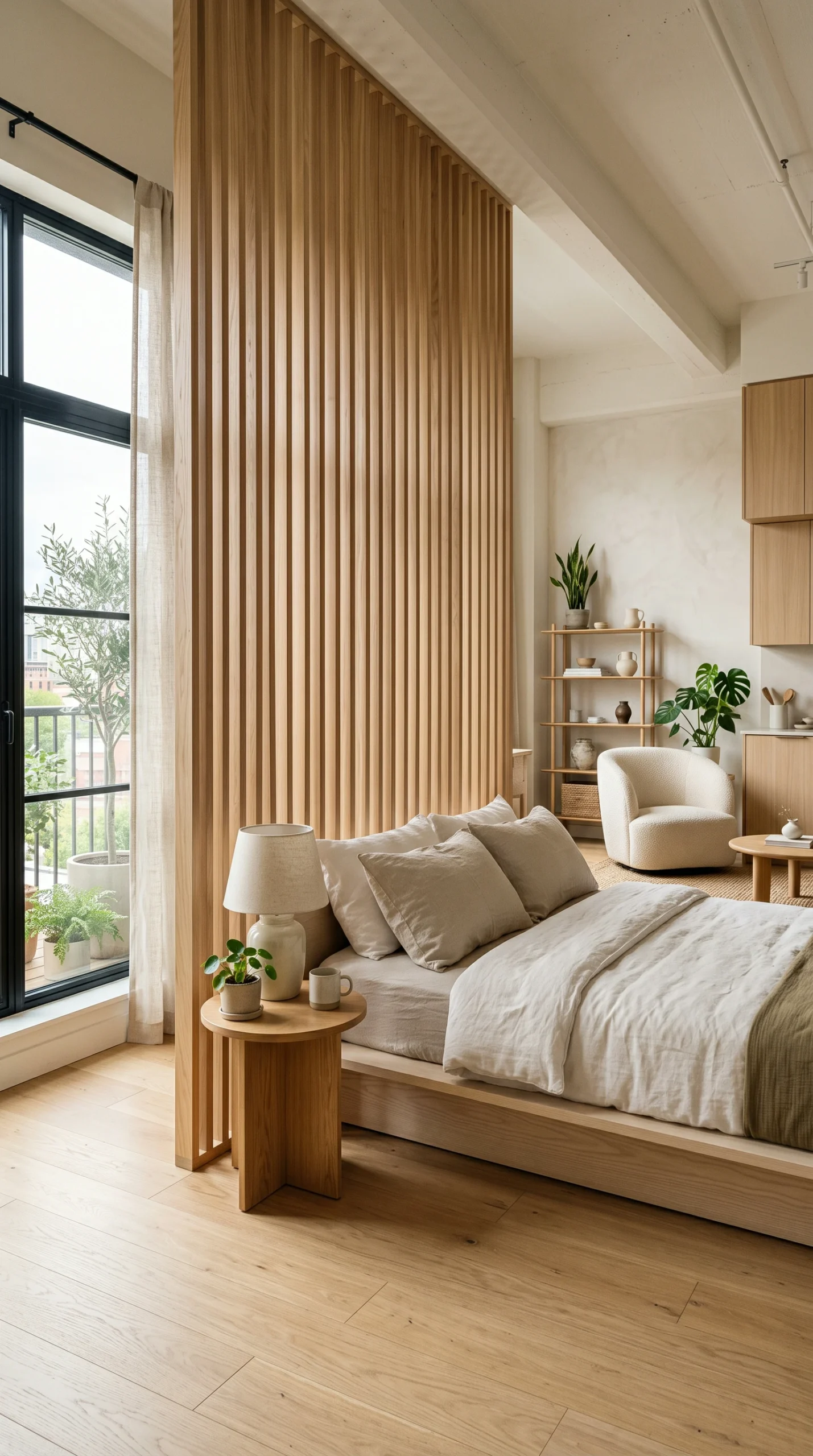 Low-profile Pale Ash wooden bed situated next to a slatted wood room divider in a bright, sunlit Japandi apartment studio.