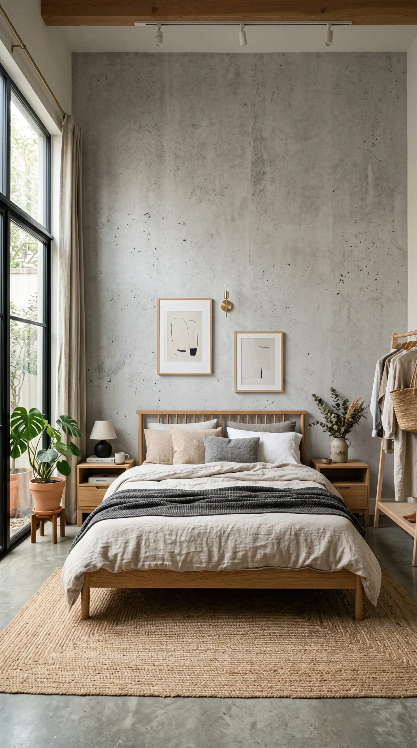 A modern Japandi-style bedroom with a concrete accent wall and linen bedding.
