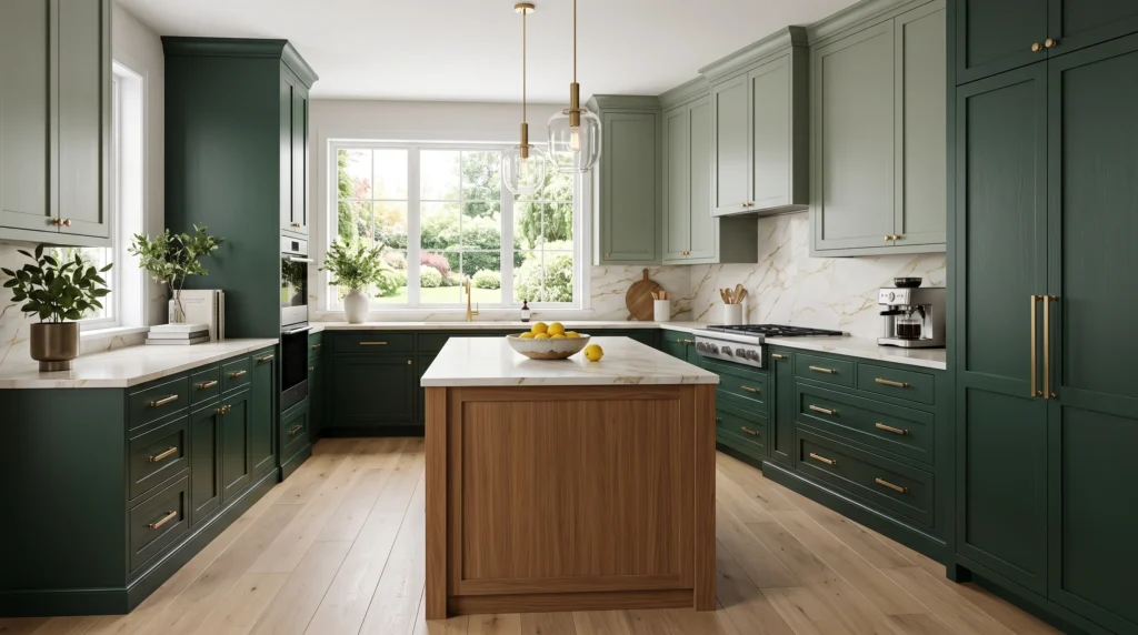 Versatile kitchen cabinet colors featuring timeless neutral palettes, bold dark accent tones, warm wood finishes, and elegant hardware pairings.