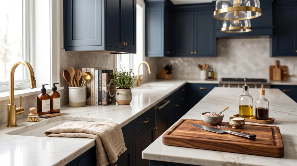 Charming kitchen counter decor featuring curated wooden cutting boards, sleek canister sets, fresh botanical accents, and stylish soap dispensers.