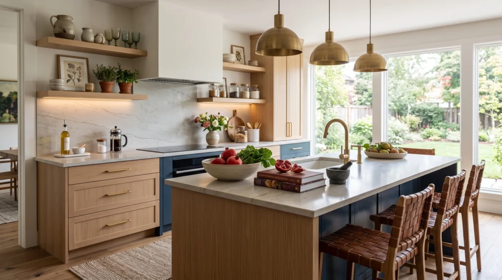 Inspiring kitchen decor featuring curated open shelving, elegant pendant lighting, stylish hardware updates, and fresh botanical accents.