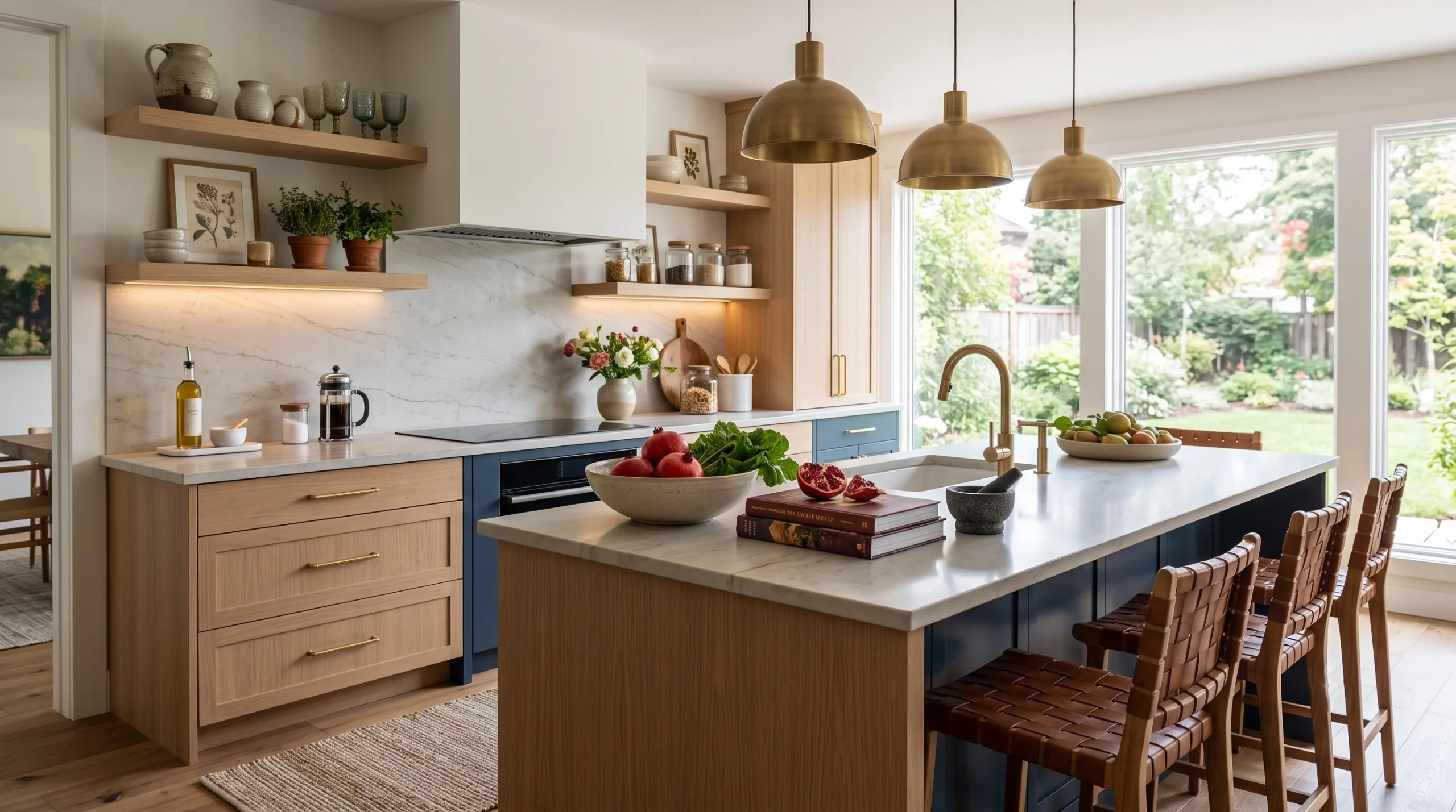 Inspiring kitchen decor featuring curated open shelving, elegant pendant lighting, stylish hardware updates, and fresh botanical accents.
