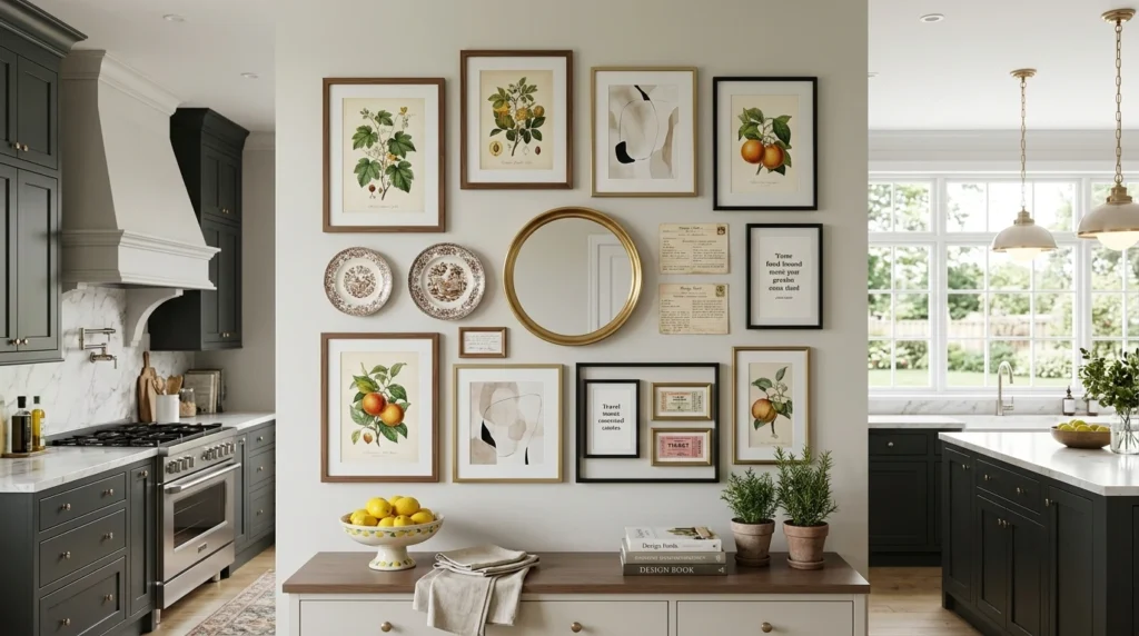 Inspiring kitchen gallery wall featuring mixed vintage frames, curated culinary art prints, rustic wooden picture ledges, and personal photo arrangements.