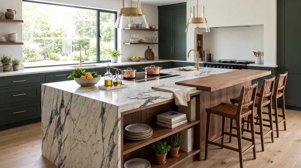 Stunning kitchen island featuring seamless waterfall quartz countertops, built-in seating overhangs, integrated storage cabinetry, and elegant pendant lighting.
